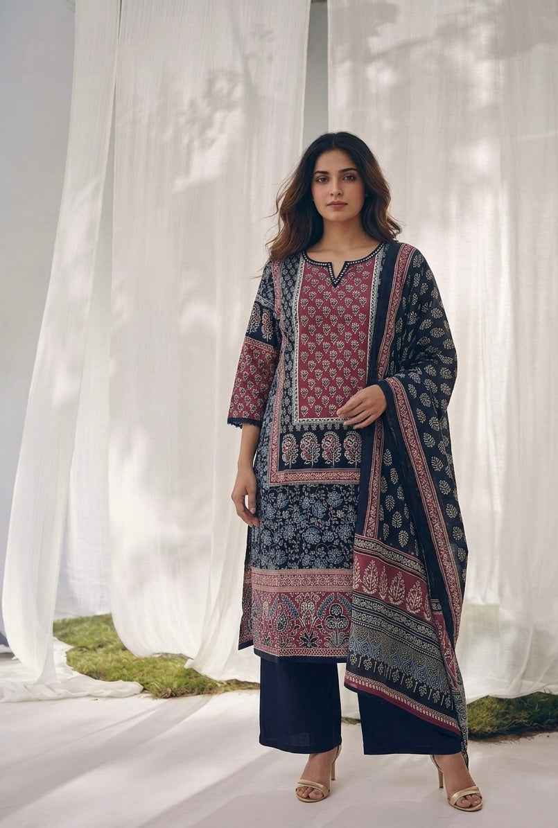 Pure Cotton Three Piece Dupatta Set