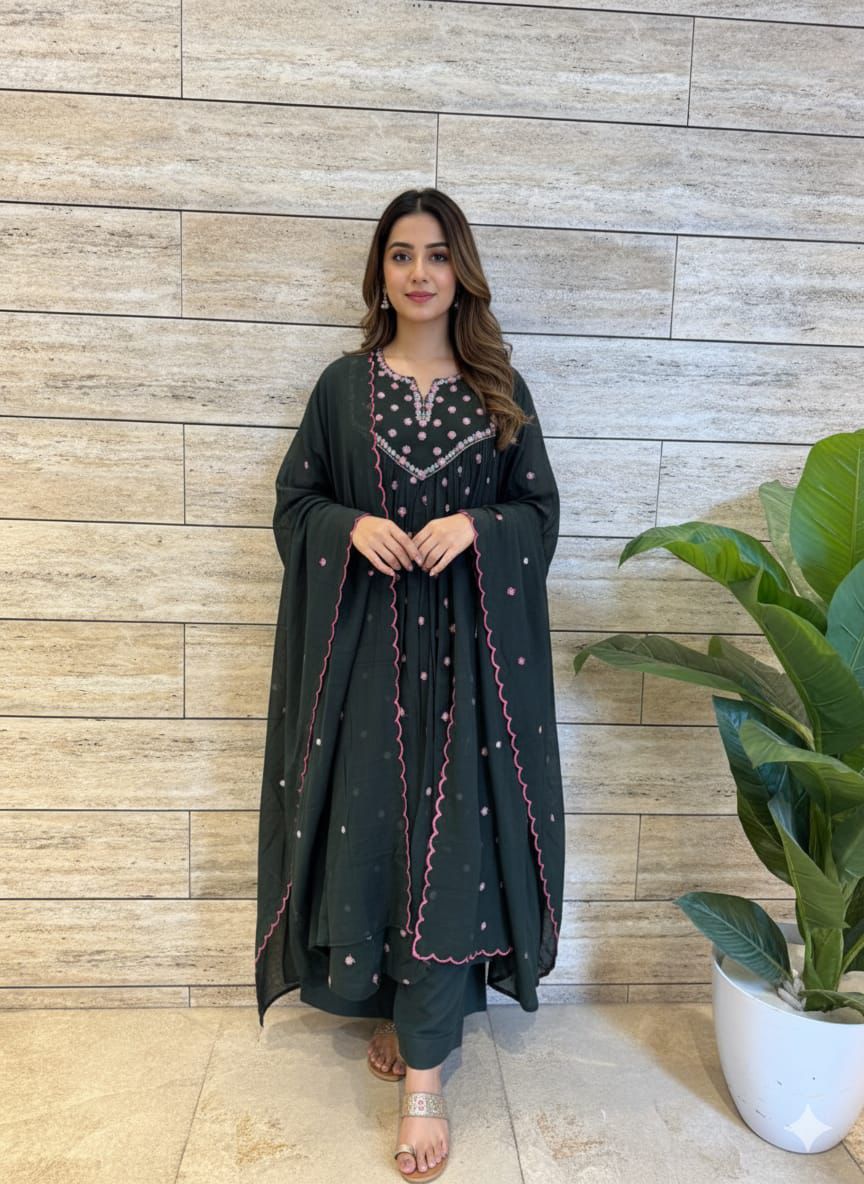Pure Mul Cotton A line Dupatta Set With Embroidery Work MC010