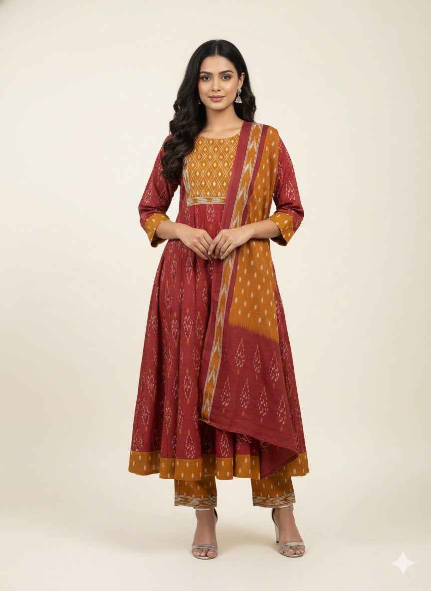 Pure cotton ikkat print anarkali Dupatta set ANK026