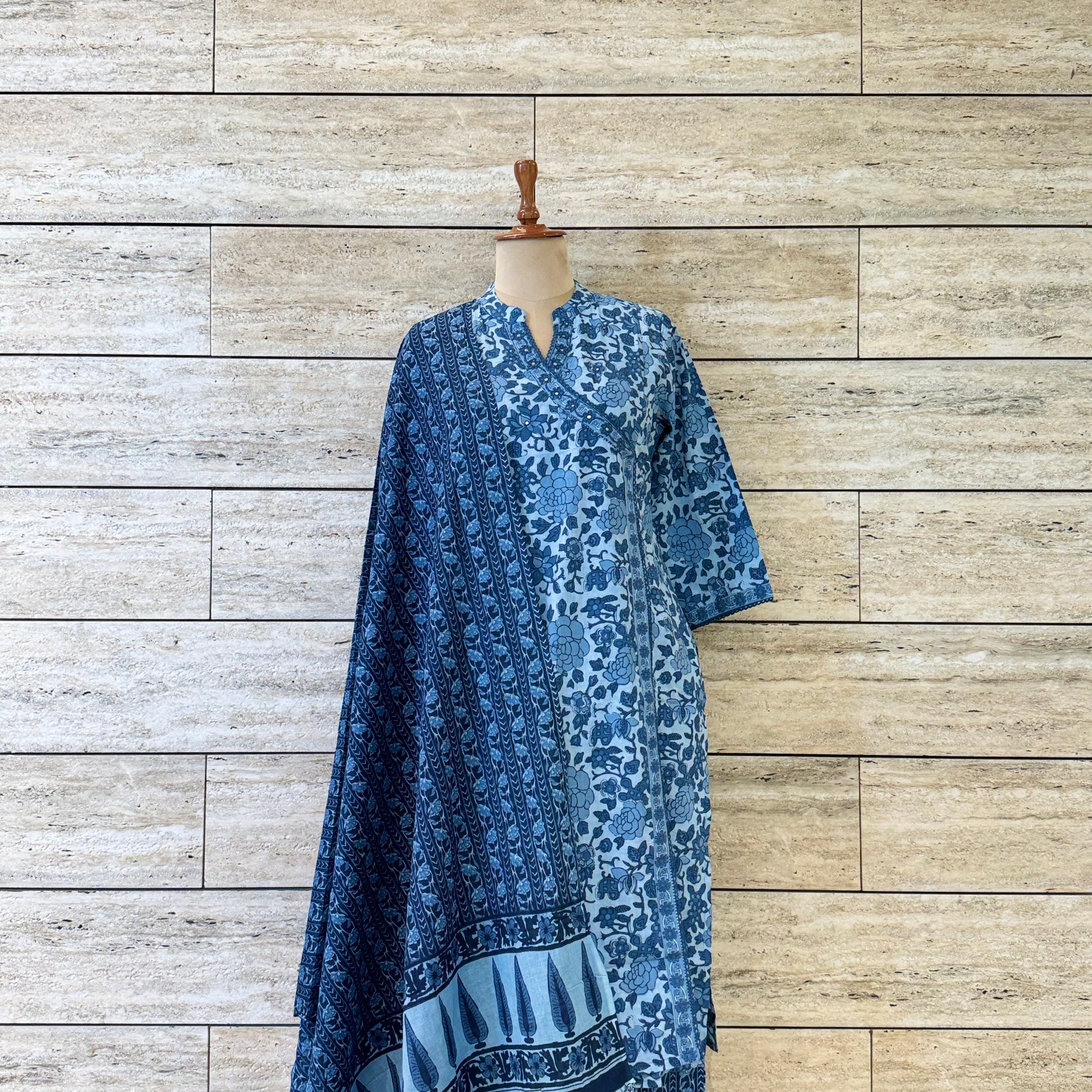 Indigo Blue Jaal Floral Print Angrakha Dupatta Set ANG002