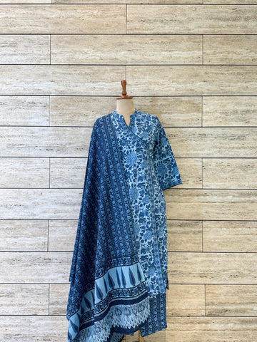 Indigo Blue Jaal Floral Print Angrakha Dupatta Set ANG002