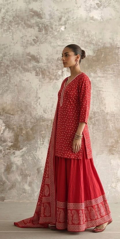 Short length cotton Dupatta set with skirt