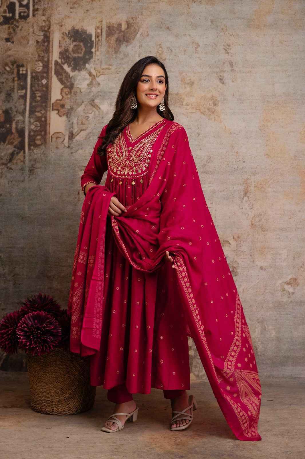 Pure cotton foil print a-line dupatta set