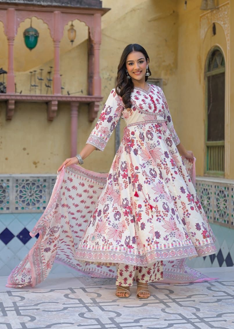 Premium cotton floral print Anarkali Dupatta set