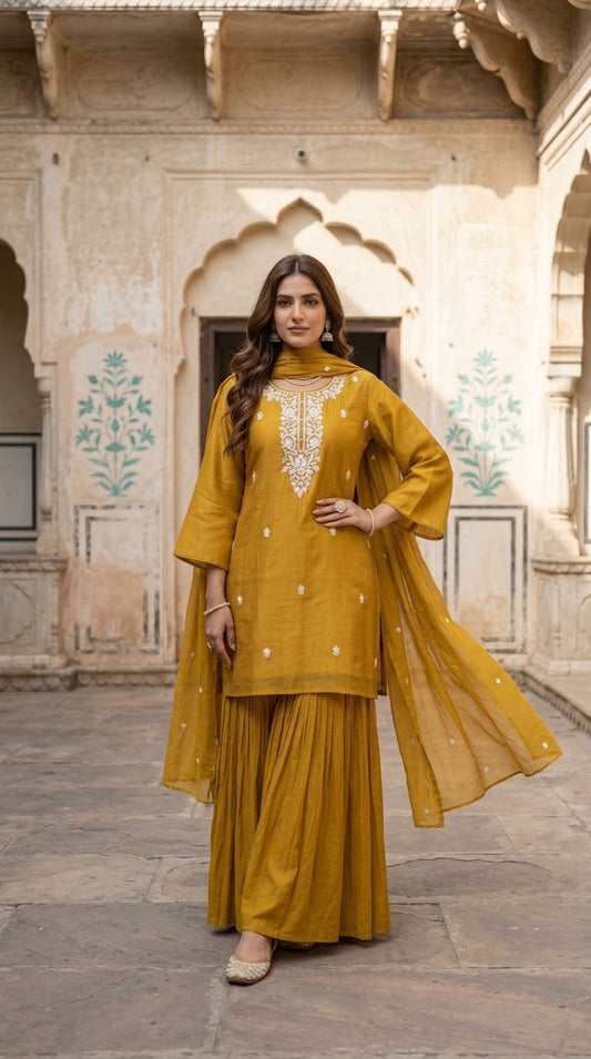 Embroidered mul chanderi crust kurta and sharara set with lining