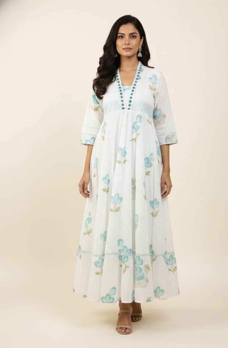 Premium Cotton Floral Print Anarkali With Kota Doriya Dupatta Set With Inner  ANK030