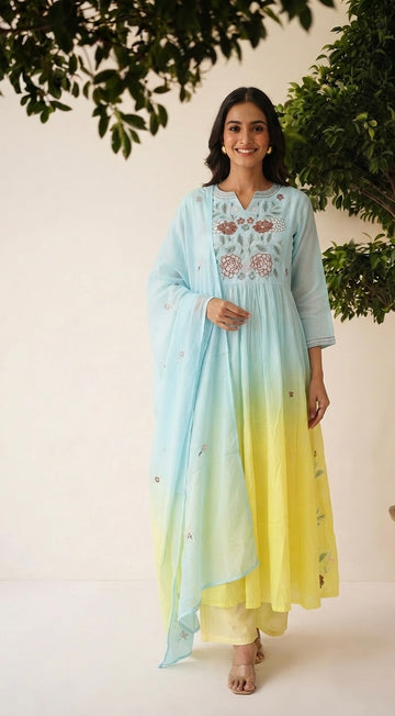 Pure Mul Cotton Anarkali Dupatta Suit In Double Shaded ANK054