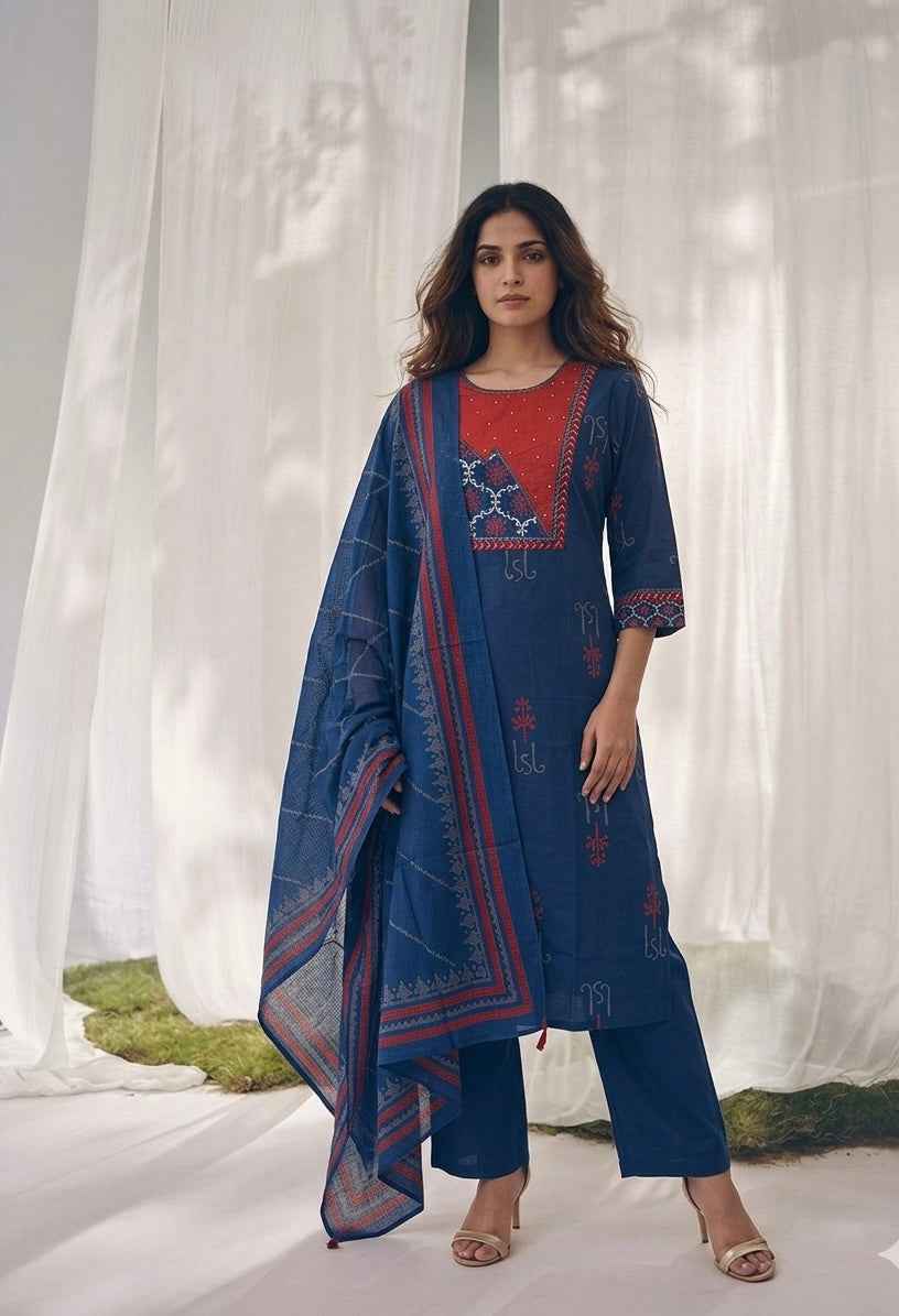Pure Cotton Three Piece Dupatta Set With Embroidery