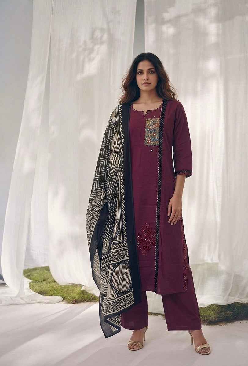 Pure Cotton Three Piece Dupatta  Set