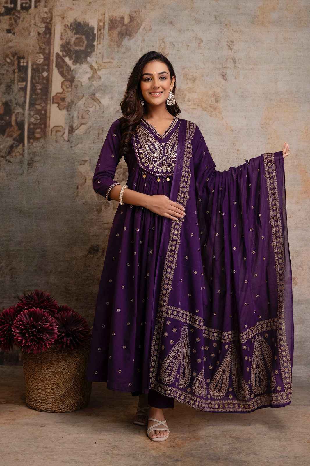 Pure cotton foil print a-line dupatta set