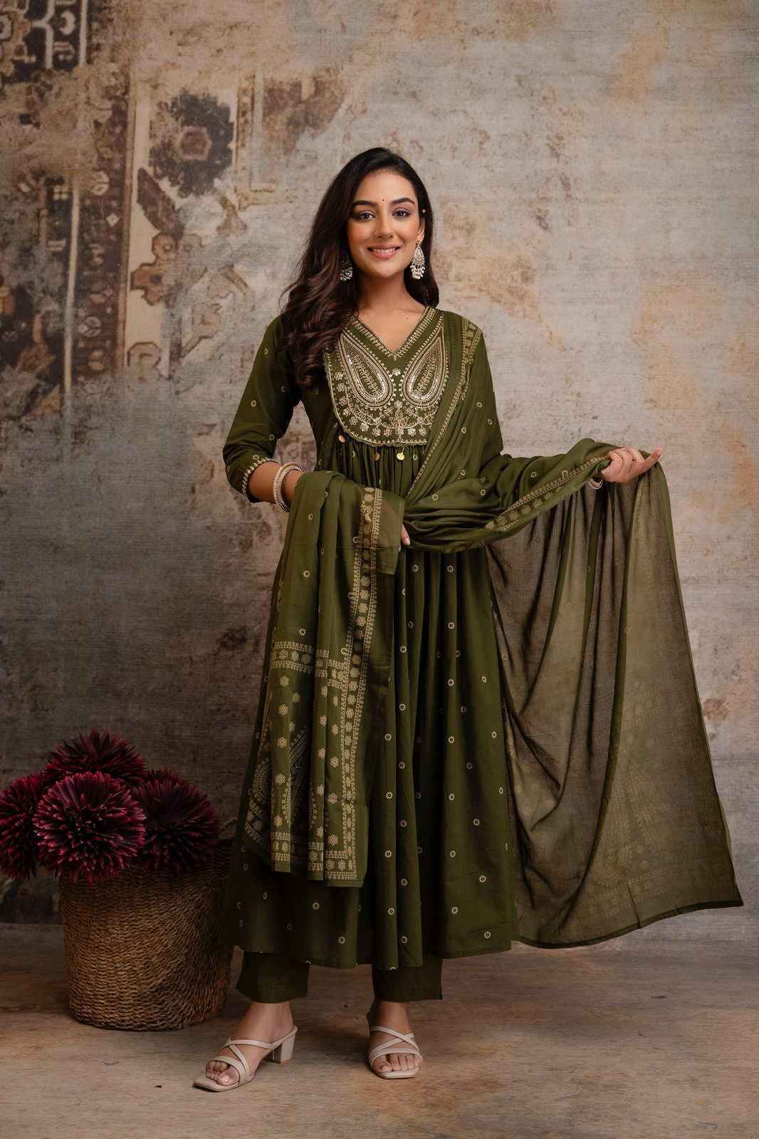 Pure cotton foil print a-line dupatta set