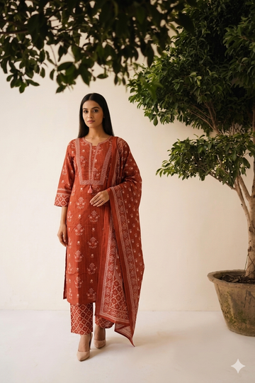Cotton Printed Straight Fit Dupatta Set CS0366