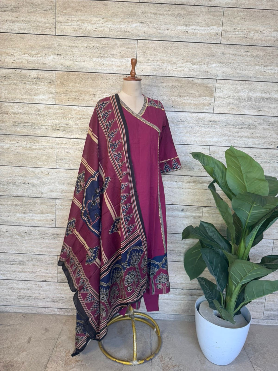 Premium cotton angrakha style anarkali with lees work