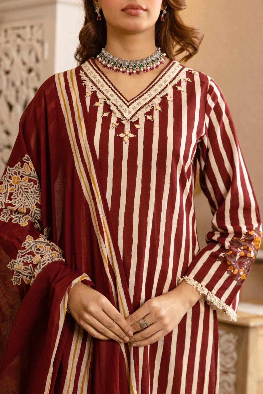 Cotton Stripes Print Dupatta Set CS0382