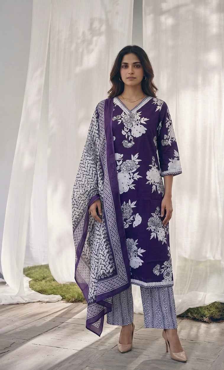 Pure Cotton Three Piece Dupatta Set