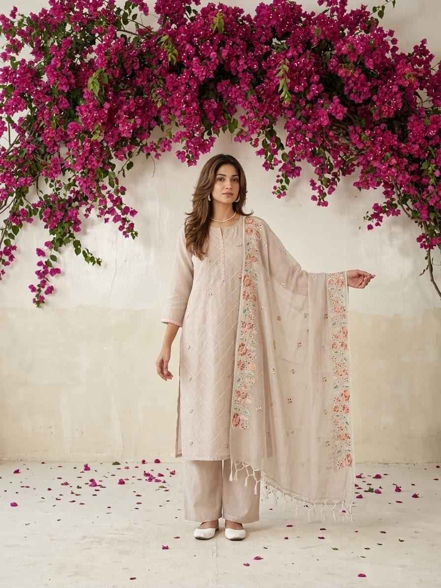 Embroidered Dupatta Set In Kota Doriya Fabric KD044