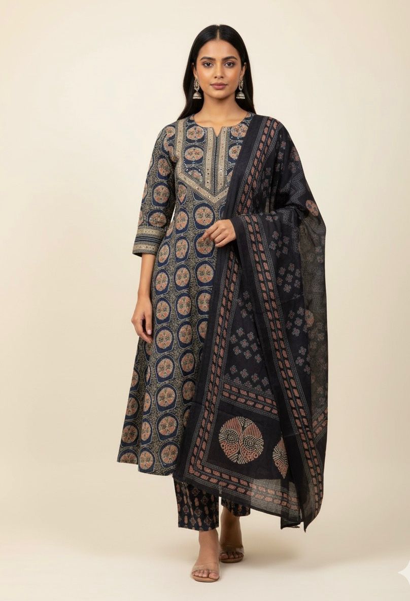 Ajrakh Print A Line Cotton Dupatta Set