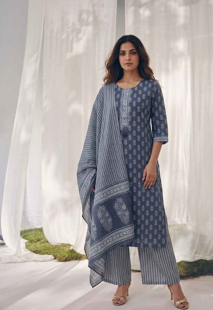 Pure Cotton Three Piece Dupatta Set