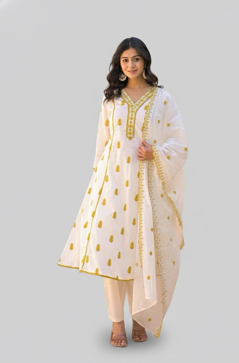 Pure cotton A line with embroidery Dupatta set with inner CS098