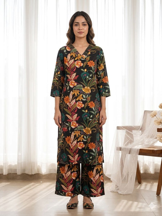 Jaal Floral Print Only Straight Kurta ( Black )    OK007