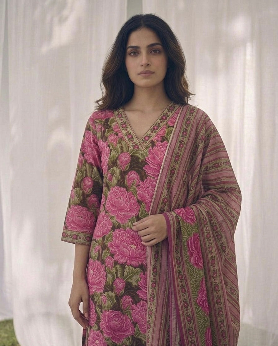 Pure Cotton Three Piece Dupatta Set LSS073