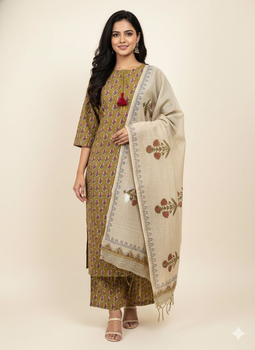 Premium Cotton With Chanderi Dupatta Set In Cotton CS0163