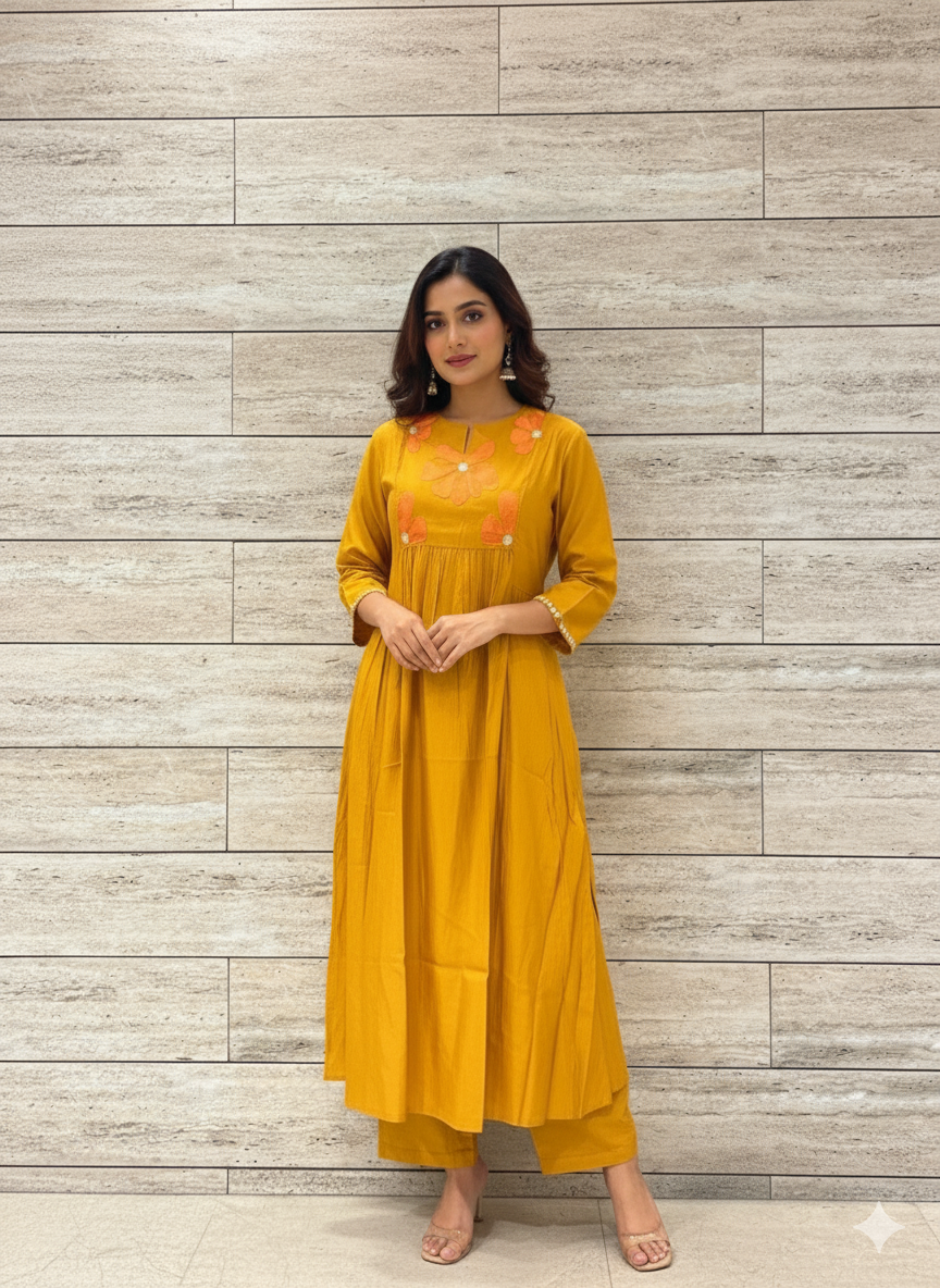 Roman Muslin A Line Pant Set With Patch Work  PS006