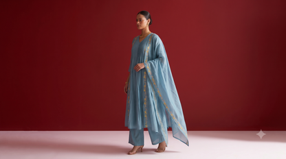 Festival  Wear Chanderi Silk Floral Embroidered A Line Suit Dupatta Set