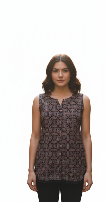 Pure Cotton Block Print Sleeveless Short Top ST003 ( Sleeves Attached )