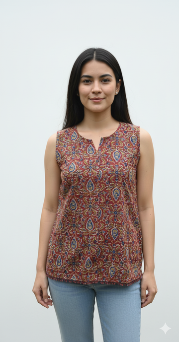Pure Cotton Floral print Sleeveless Short Top ST006 ( Sleeves Attached )