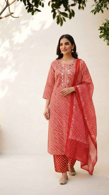 Pure Cotton Lehariya Dupatta Set With Embroidery CS0282