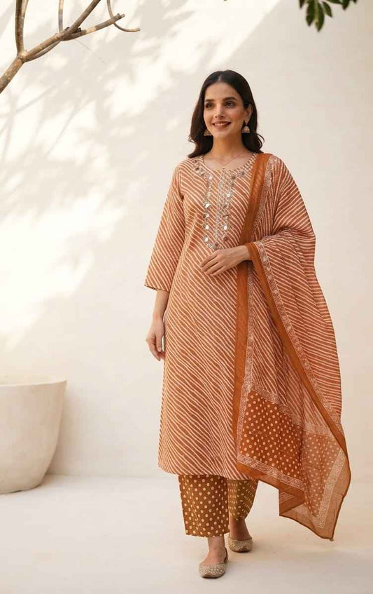 Pure Cotton Lehariya Dupatta Set With Embroidery CS0282