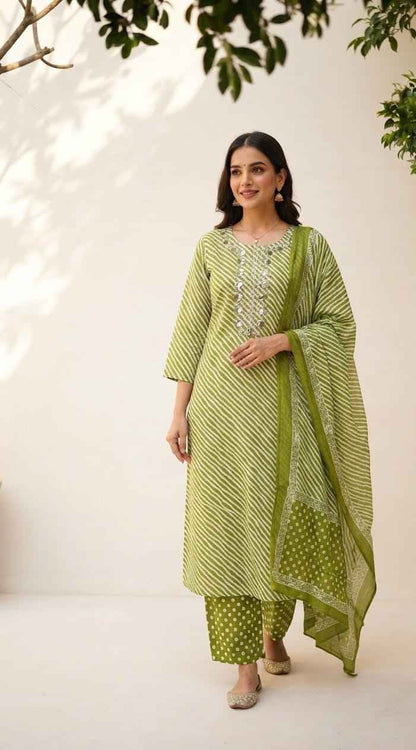 Pure Cotton Lehariya Dupatta Set With Embroidery CS0282