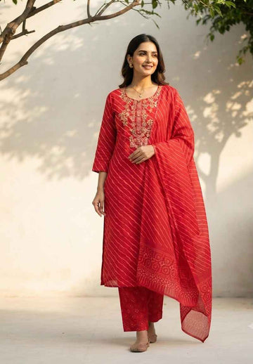 Pure Cotton Lehariya Dupatta Set With Embroidery CS0283