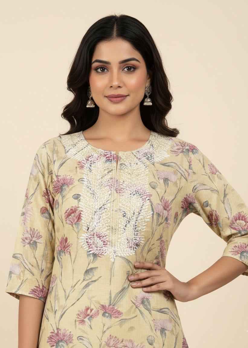 Premium Linen floral print pent set PS057
