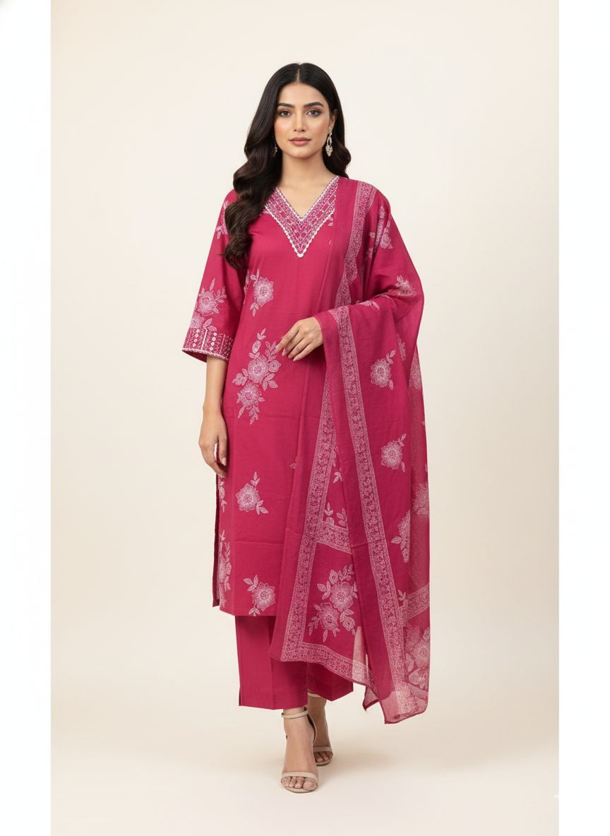 Pure Cotton Three Piece Dupatta Set -CS0104