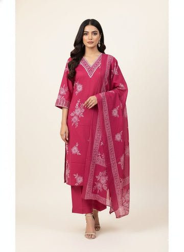 Pure Cotton Three Piece Dupatta Set -CS0104