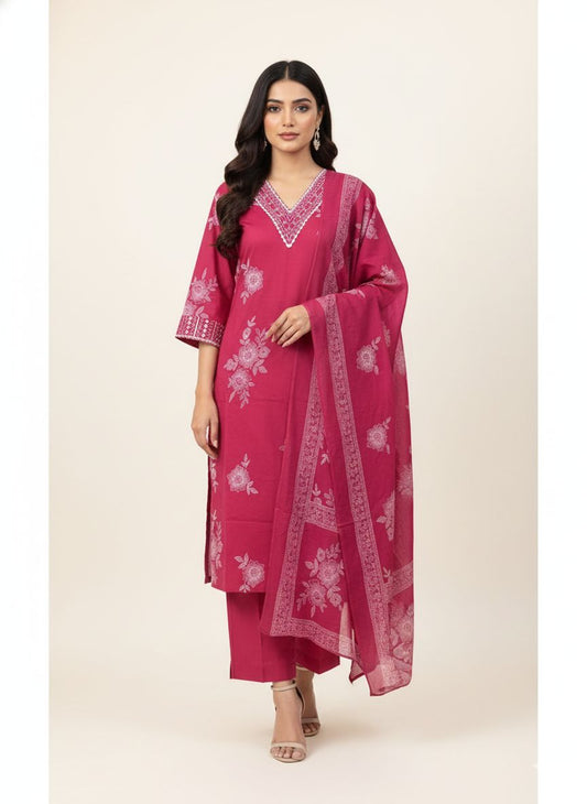 Pure Cotton Three Piece Dupatta Set -CS0104