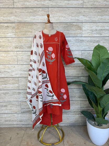 Premium Cotton A-Line Block Print With Kota Doriya Dupatta Set CS0171