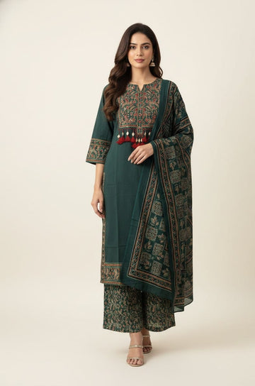 Pure Cotton Three Piece Dupatta Set With Embroidery Work & Plus Size