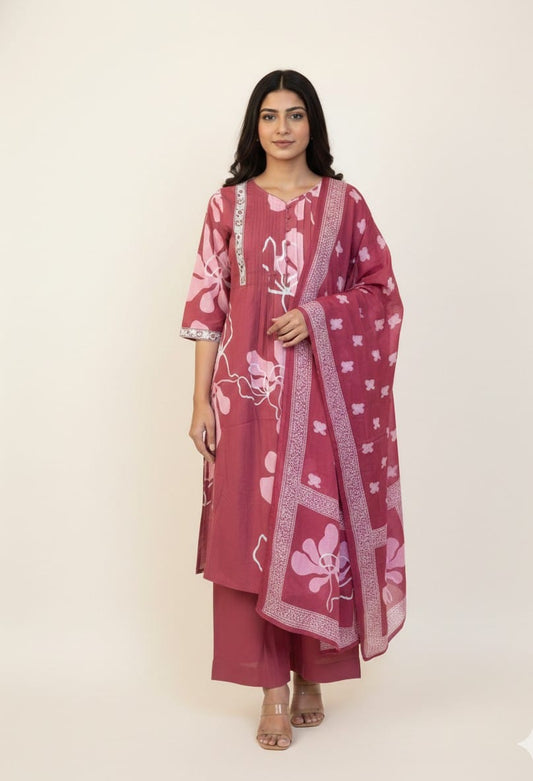 Pure Cotton Floral Print A Line Dupatta Set   CS0223