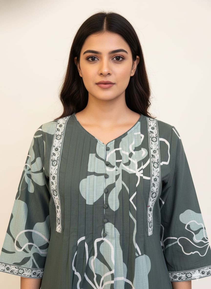 Pure Cotton Floral Print A Line Dupatta Set   CS0223