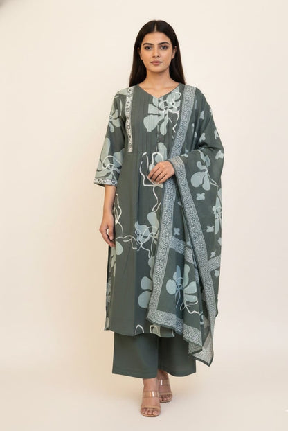 Pure Cotton Floral Print A Line Dupatta Set   CS0223