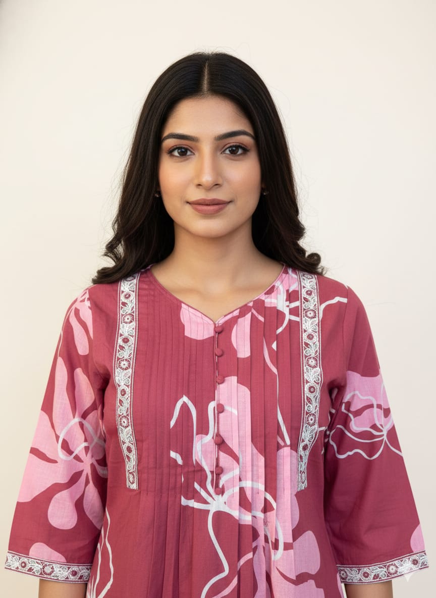 Pure Cotton Floral Print A Line Dupatta Set   CS0223