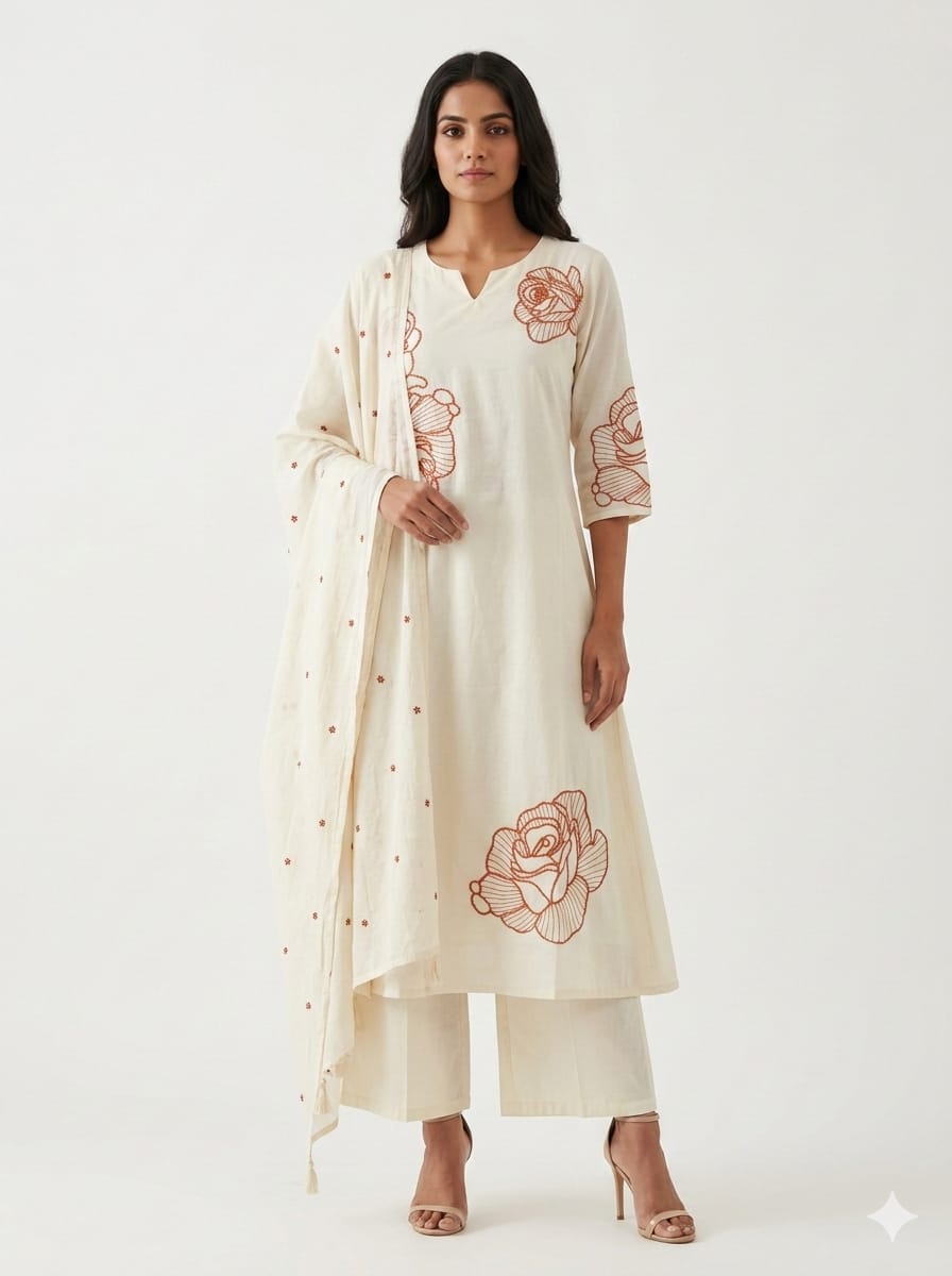 Premium Mul Cotton Embroidery Dupatta Set With Inner  MC027