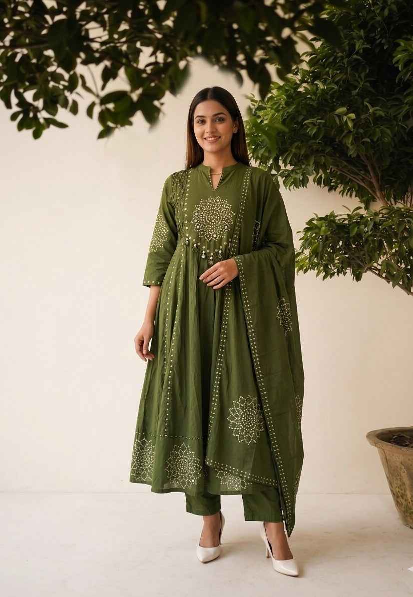 Premium Cotton Bandhez  print Anarkali dupatta set