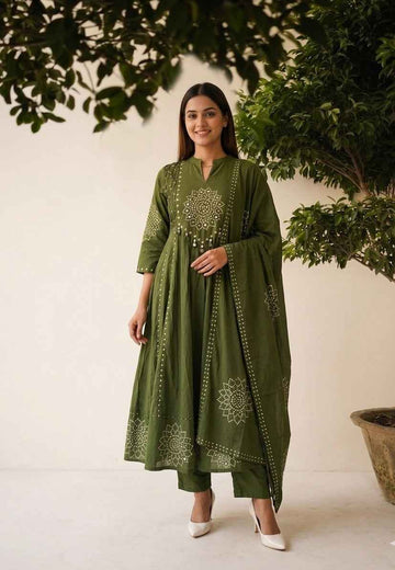 Premium Cotton Bandhez  print Anarkali dupatta set