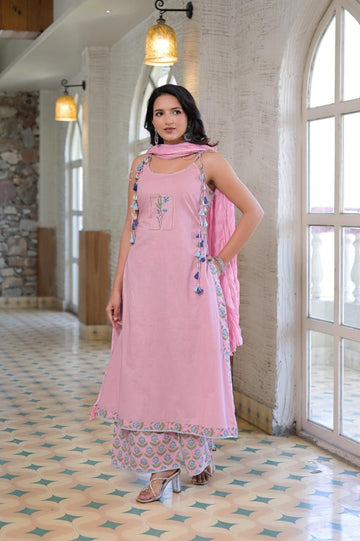 Premium cotton sleeveless with embroidery Dupatta set