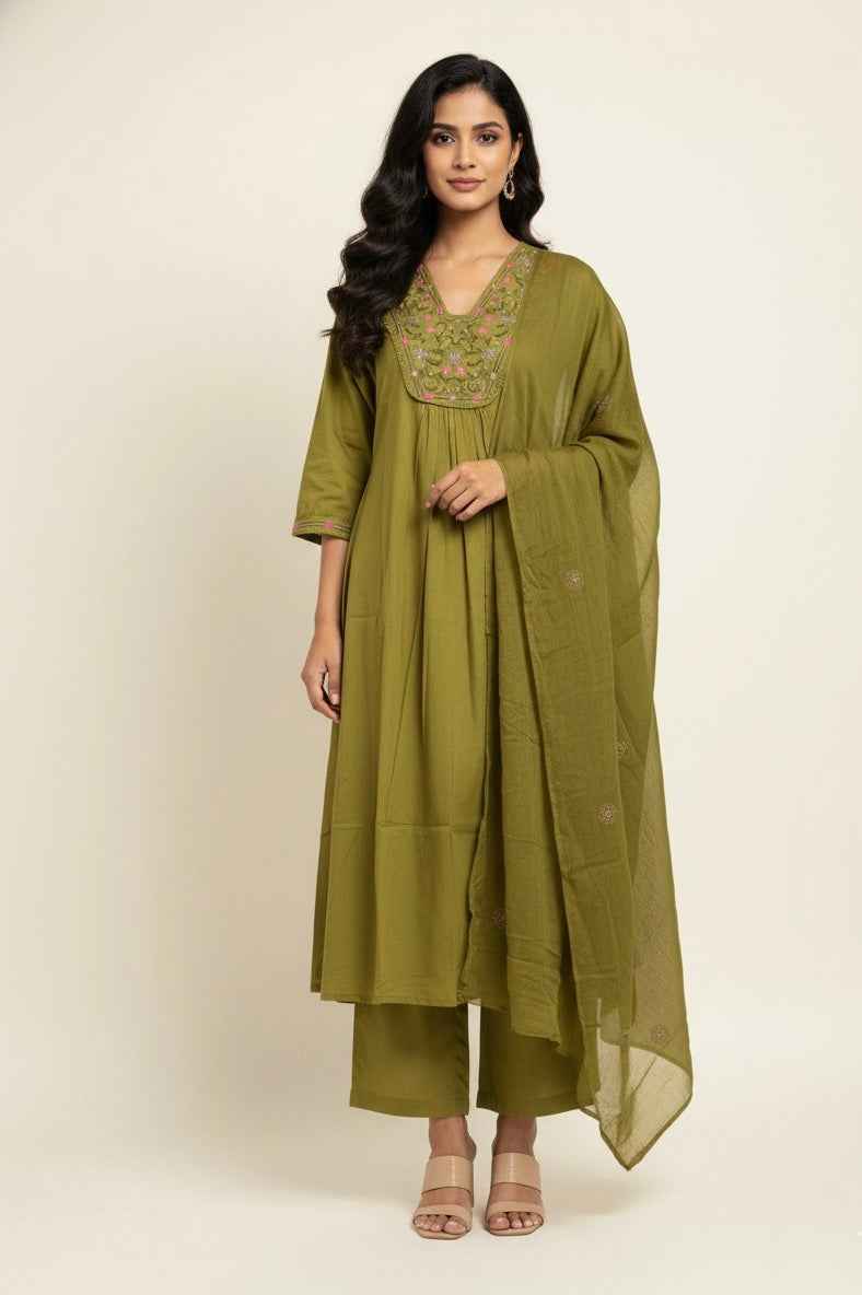 Pure  Mul Cotton  A Line Three Piece Dupatta Set MC019