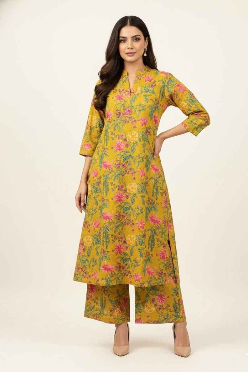 Pure Cotton Floral Print A Line Two Piece Pant Set PS070